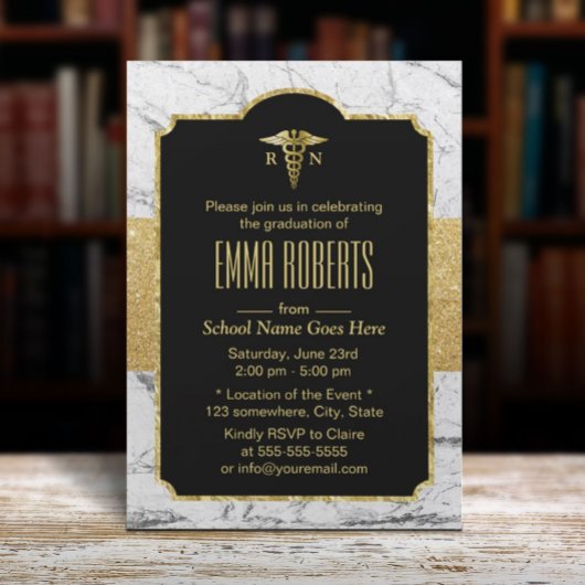 RNナース卒業パーティーエレガントホワイトマーブル 招待状