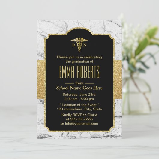 RNナース卒業パーティーエレガントホワイトマーブル 招待状 (スタンド正面)