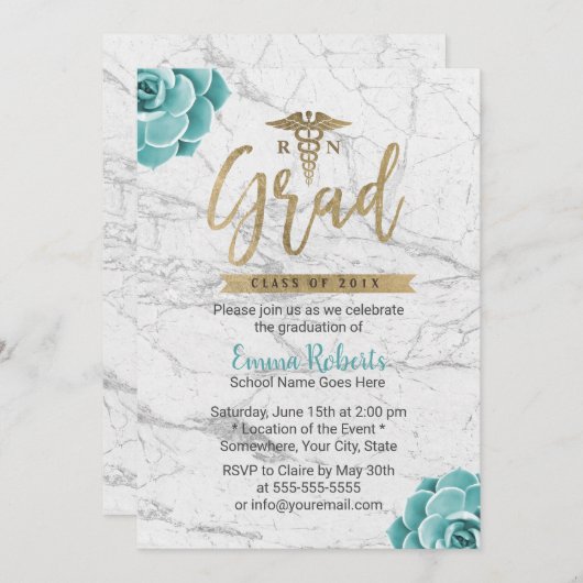 RNナース卒業パーティーフローラホワイトマーブル 招待状 (正面/裏面)