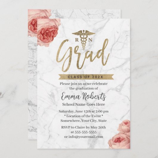 RNナース卒業パーティーフローラホワイトマーブル 招待状 (正面/裏面)