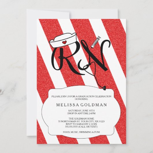 RNナース卒業招待状おもしろいレッドグリッターデザイン 招待状 (正面)