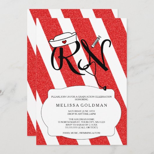 RNナース卒業招待状おもしろいレッドグリッターデザイン 招待状 (正面/裏面)