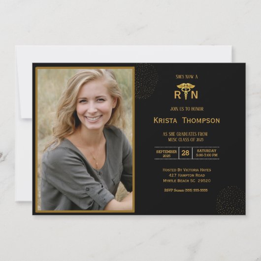 RN卒業パーティフォトブラック金ゴールド 招待状 (正面)