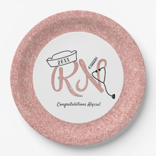 RN卒業パーティーデコール、バラ金ゴールドフェイクグリッター ペーパープレート (正面)
