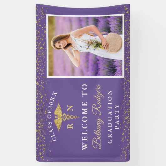 RN看護卒業パープル金ゴールドグリッター写真 横断幕 (縦)