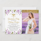 RN看護卒業金ゴールド紫のフローラ写真 招待状 (正面)