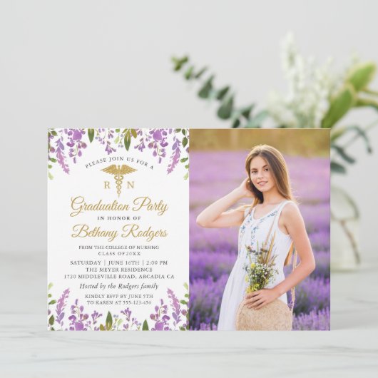 RN看護卒業金ゴールド紫のフローラ写真 招待状 (スタンド正面)