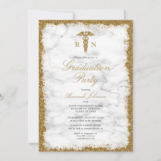 RN看護学校金ゴールド大理石写真卒業 招待状 (正面)