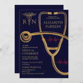 RN BSNネイビー金ゴールド看護卒業パーティー 招待状 (正面/裏面)