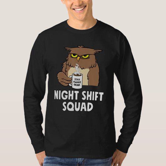 RN Nurse Night Shift Squad Funny Coffe Owl Tシャツ (正面)