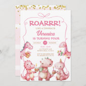 ROARガールTレックス恐竜ピンクボウ誕生日パーティー 招待状 (正面/裏面)
