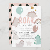 Roar女の子ピンクの恐竜の赤ちゃんシャワー 招待状 (正面/裏面)
