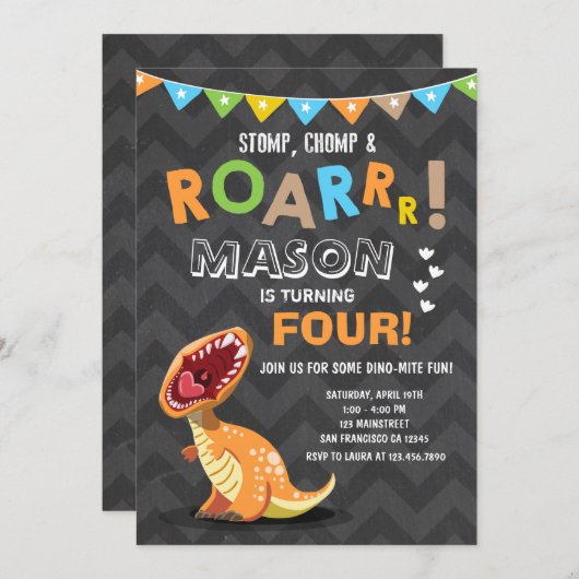 ROAR恐竜ディノ誕生日パーティーの招待状 招待状 (正面/裏面)