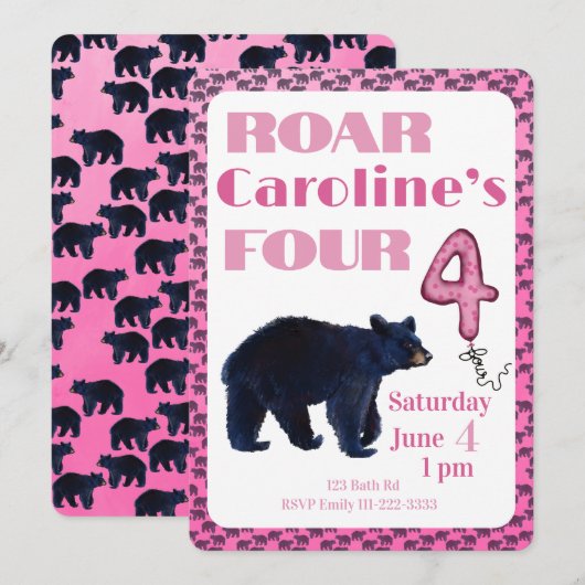 Roar Four Bear 4th Birthday Invitation 招待状 (正面/裏面)