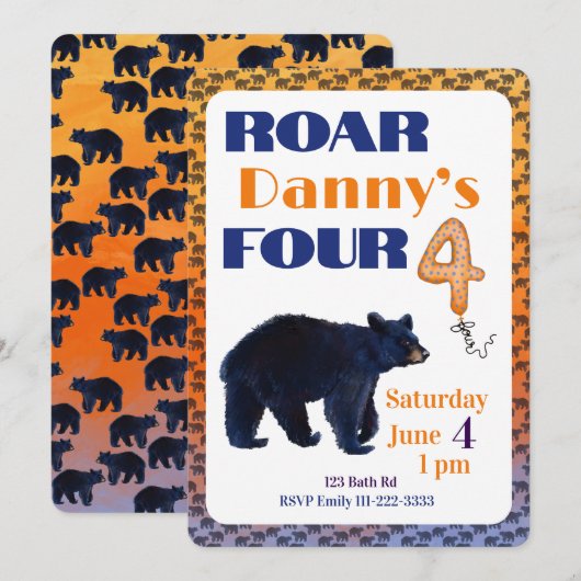 Roar Four Bear 4th Birthday Invitation 招待状 (正面/裏面)