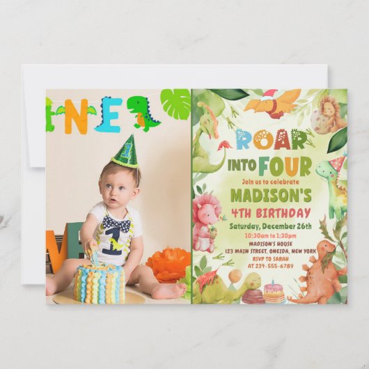 Roar Four Dinosaur Greenery 4th Birthday Photo 招待状 (正面)