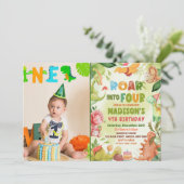 Roar Four Dinosaur Greenery 4th Birthday Photo 招待状 (スタンド正面)