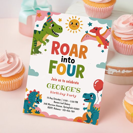 Roar Into Four Cute Dinosaurs 4th Birthday Party 招待状