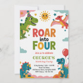 Roar Into Four Cute Dinosaurs 4th Birthday Party 招待状 (正面)