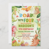 Roar Into Four Dinosaur Greenery 4th Birthday 招待状 (正面)