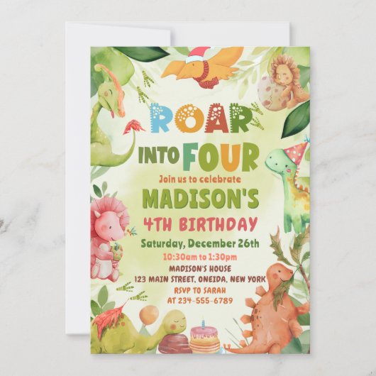 Roar Into Four Dinosaur Greenery 4th Birthday 招待状 (正面)