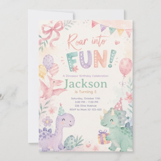 Roar Into Fun Dinosaur Invitation Editable 招待状 (正面)