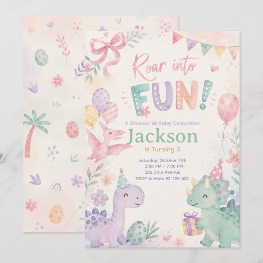 Roar Into Fun Dinosaur Invitation Editable 招待状 (正面/裏面)