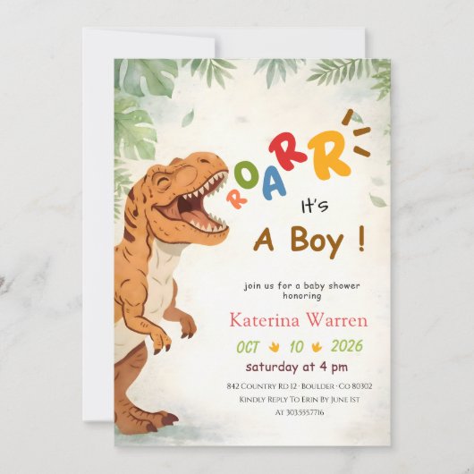 Roar it's a Boy Cute Dino Boy Baby Shower 招待状 (正面)