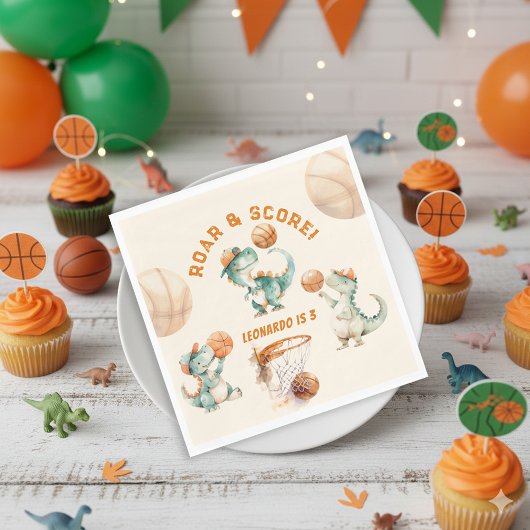 Roar & Score Basketball Dino Boy Birthday スタンダードランチョンナプキン
