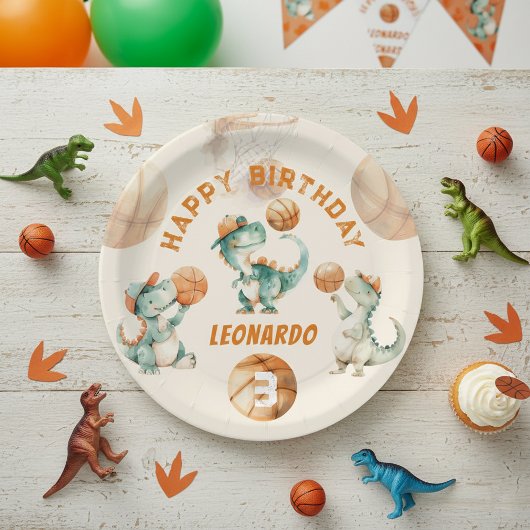 Roar & Score Basketball Dino Boy Birthday ペーパープレート