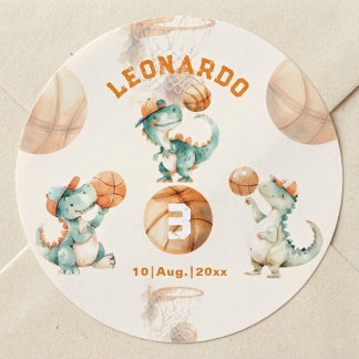 Roar & Score Basketball Dino Boy Birthday ラウンドシール