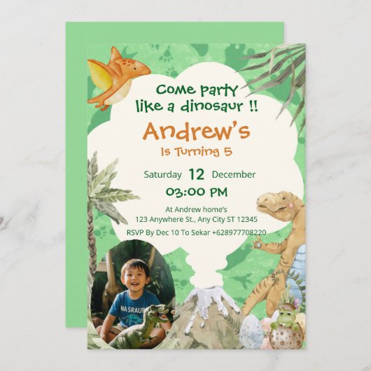 Roar-some Dino Volcano 5th Birthday Invitation 招待状 (正面/裏面)