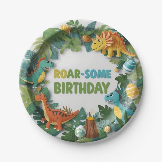 Roar-some Dinosaur Birthday Party Paper Plate ペーパープレート (正面)
