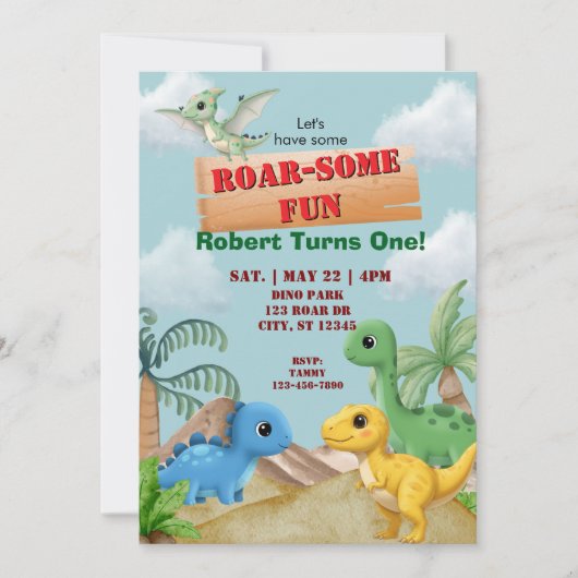 Roar-Some Fun, Dino 1st Birthday 招待状 (正面)