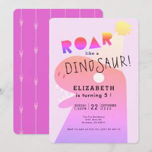 ROAR Tレックス恐竜ネオンピンクガール誕生日 招待状