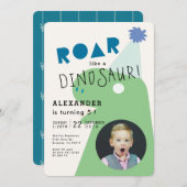 ROAR T-レックス恐竜ネイビーブルーフォトボーイ誕生日 招待状 (正面/裏面)