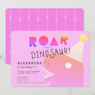 ROAR T-レックス恐竜ネオンピンクガール誕生日 招待状