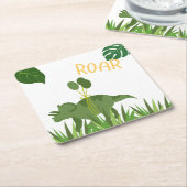 Roar We're 4 - Twins Dinosaur Birthday Party  スクエアペーパーコースター (アングル)