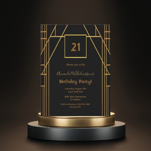 Roaring 20の21歳の誕生日ブラック金ゴールド招待 ポストカード