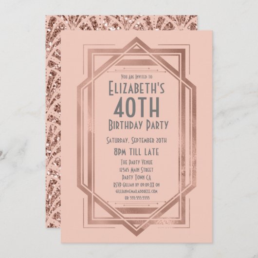 Roaring 20sアールデコバラ金ゴールド40th誕生日 招待状 (正面/裏面)