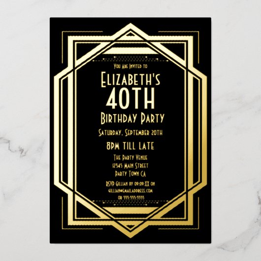 Roaring 20sアールデコブラック |金ゴールド40歳 箔招待状 (正面)