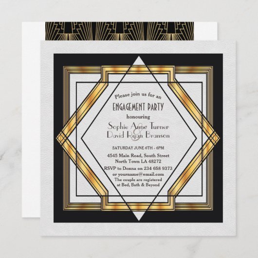 Roaring 20sギャツビー素晴らしアールデコ婚約パーティ 招待状 (正面/裏面)