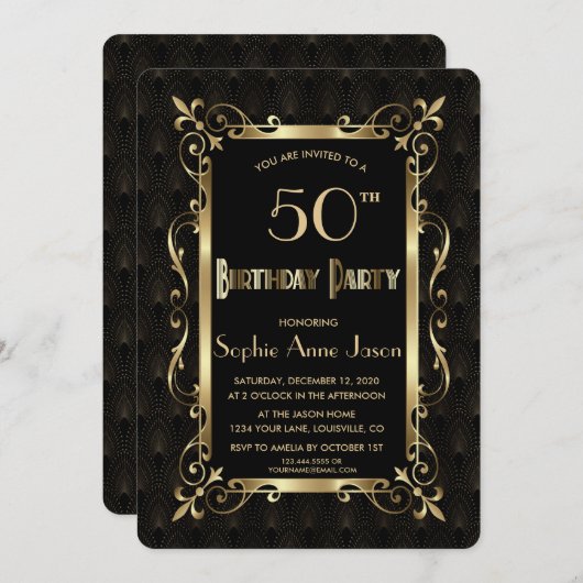 Roaring 20s王室の金ゴールドアート12月バースデーパーティー 招待状 (正面/裏面)