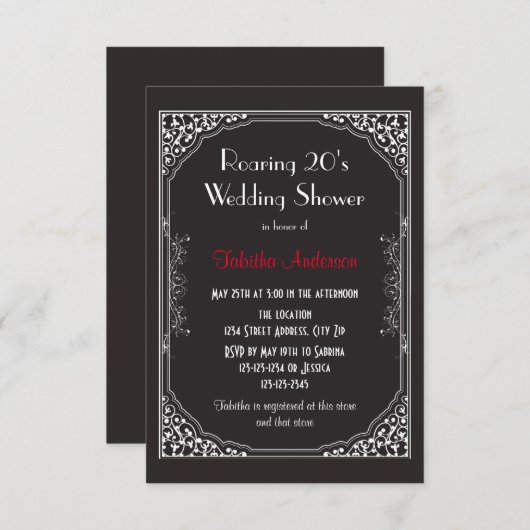 Roaring 20s黒- 3x5ウェディングシャワー招待状 招待状 (正面/裏面)