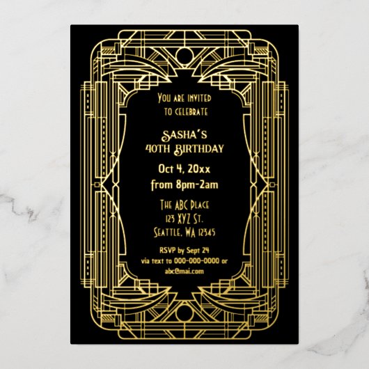 Roaring 20s art 素晴らし Gatsbyアールデコ誕生日 箔招待状 (正面)