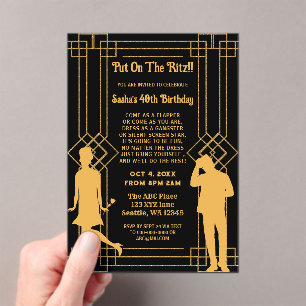 Roaring 20s art deco flapper女の子とギャング アクリル招待状