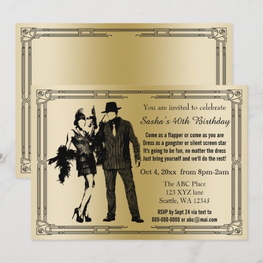 Roaring 20s art deco flapper女の子とギャング 招待状 (正面/裏面)