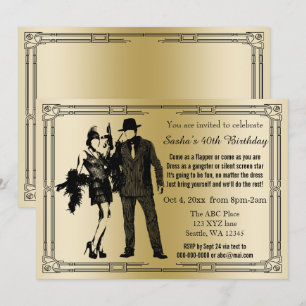 Roaring 20s art deco flapper女の子とギャング 招待状
