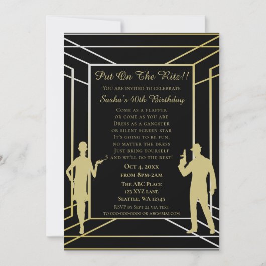 Roaring 20s art deco flapper女の子とギャング 招待状 (正面)