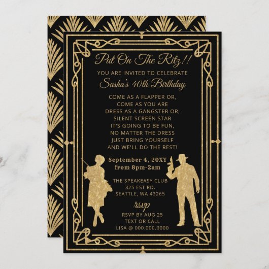 Roaring 20s art deco flapper女の子とギャング 招待状 (正面/裏面)